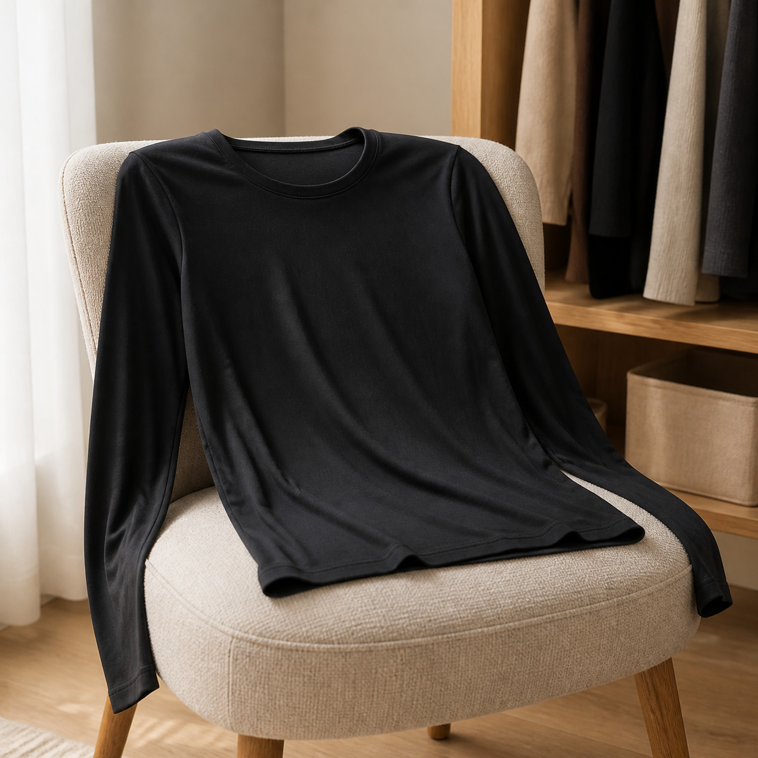Jet Black crew-neck long-sleeve top naturally draped on a beige chair beside an open wardrobe
