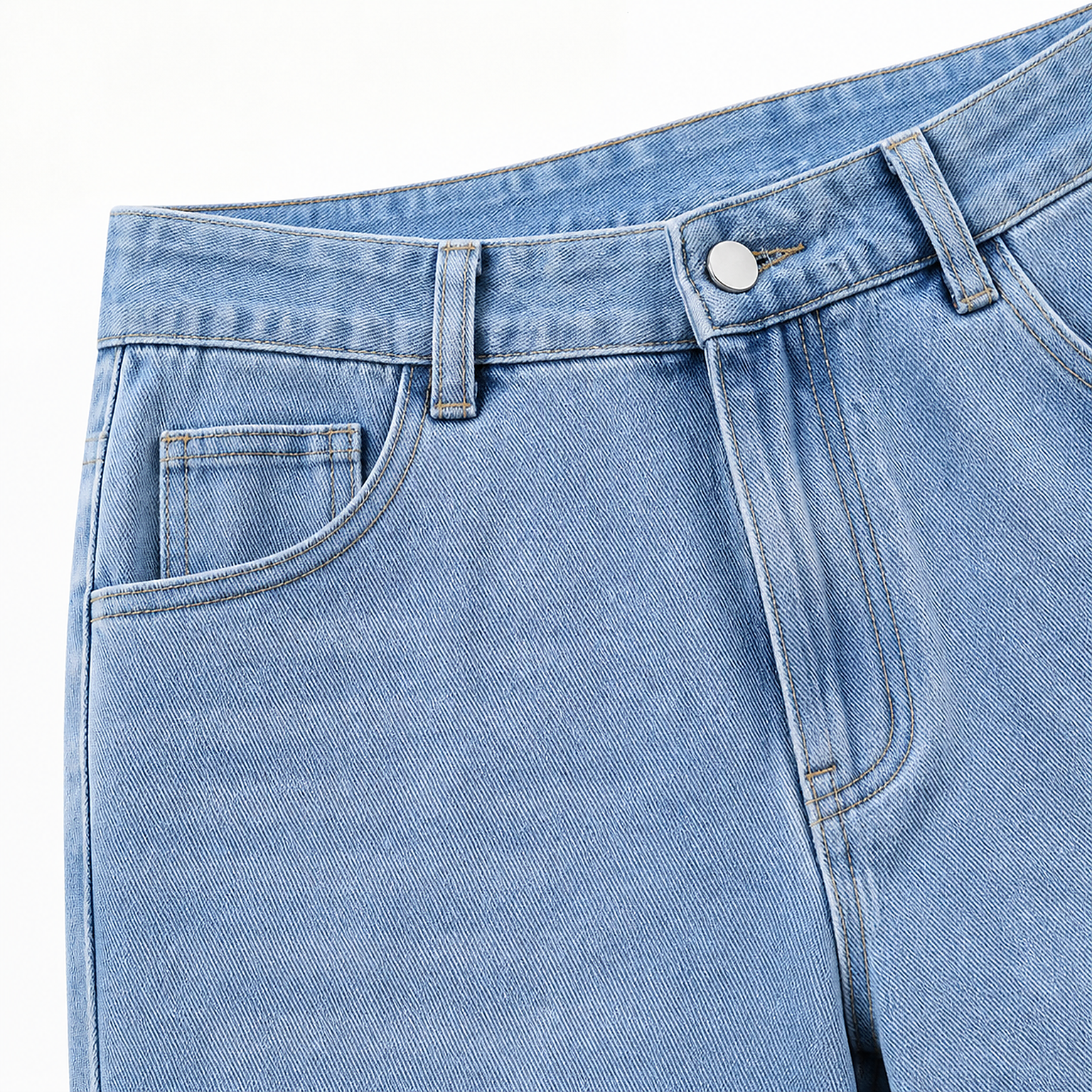 Close view of waistband button zipper fly curved pocket and coin pocket