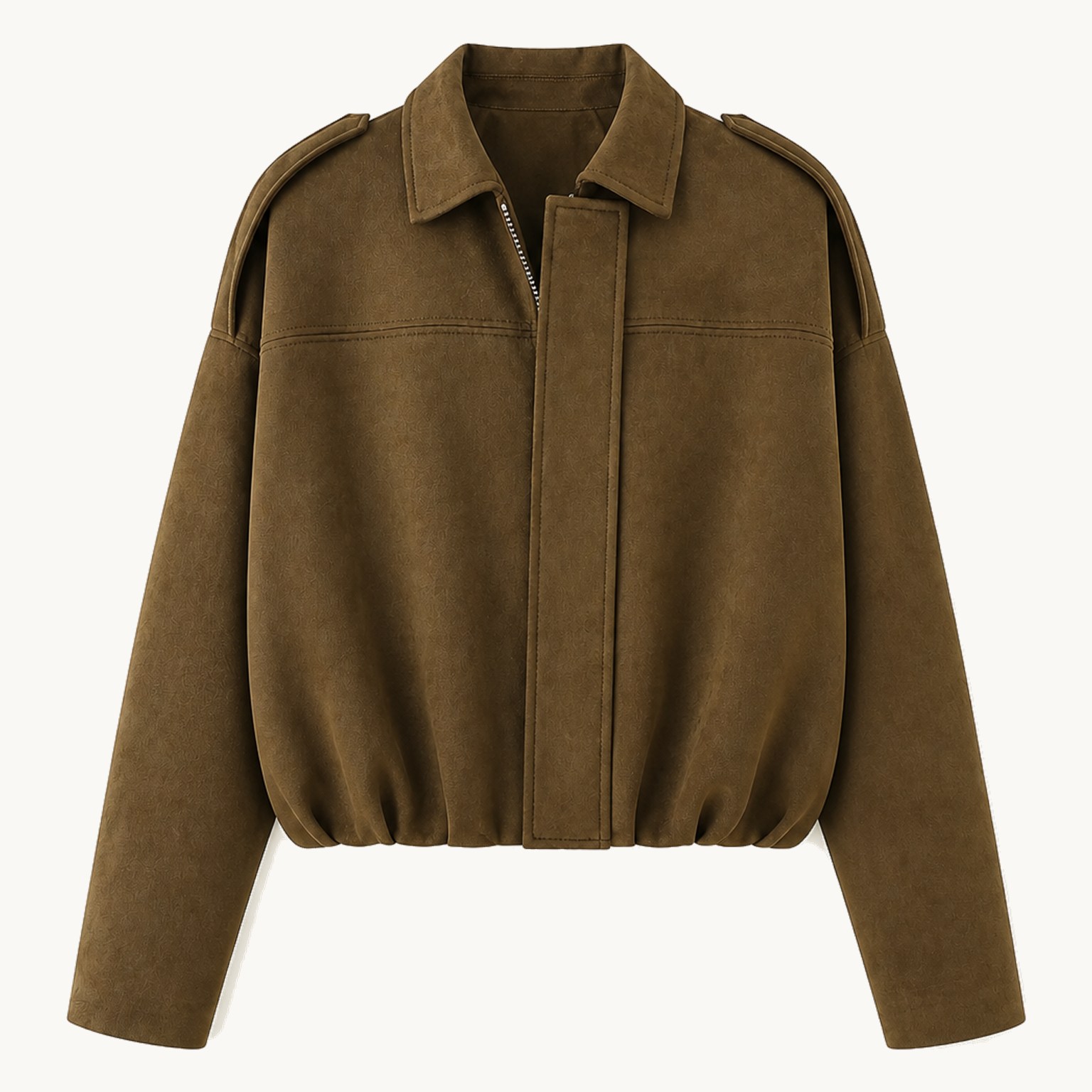 Front view of the Camel women’s oversized collared zip jacket