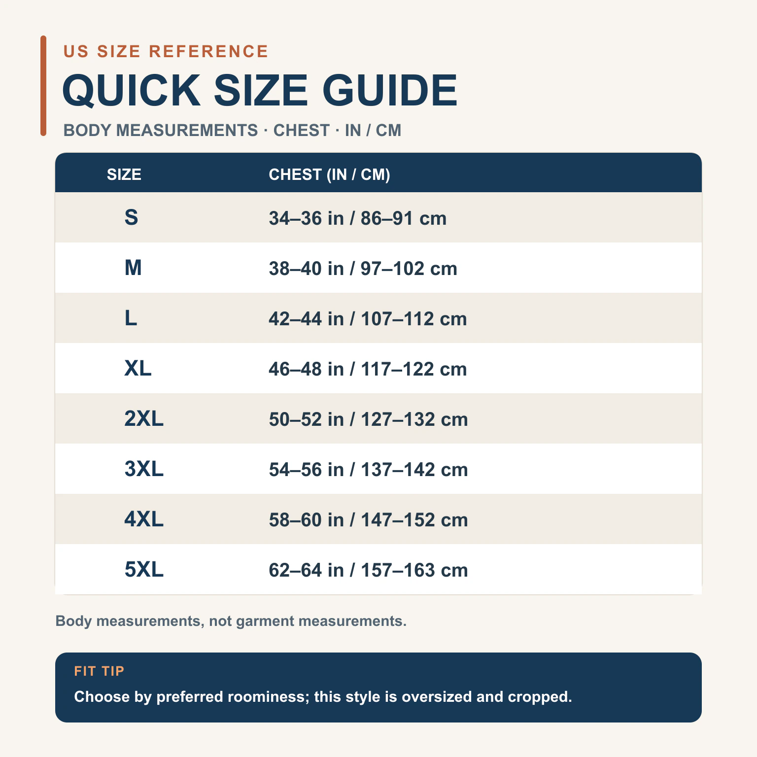 Quick US body-measurement chest size reference for jacket sizes S through 5XL