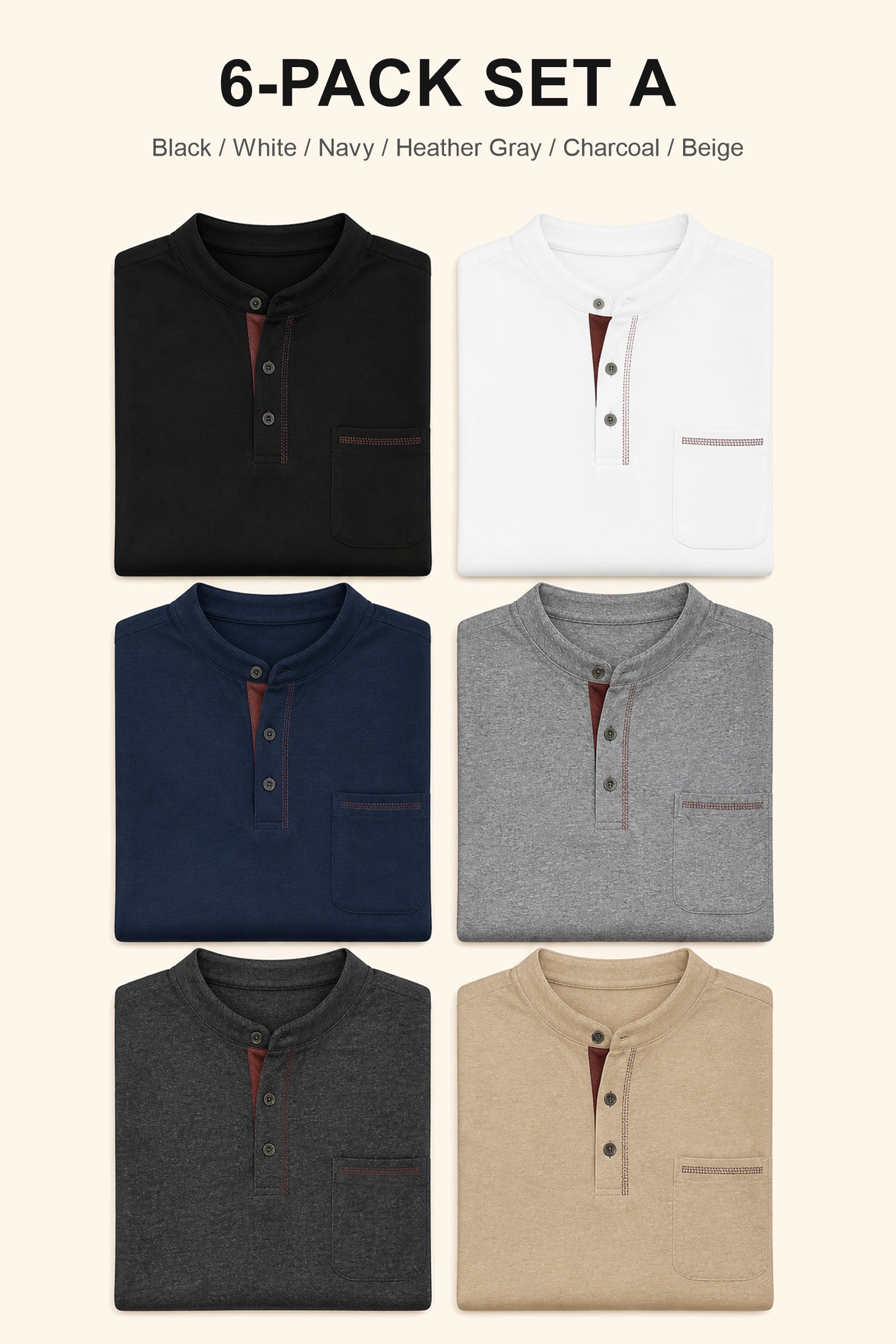 6-Pack Set A with six large Henley shirts in Black White Navy Heather Gray Charcoal and Beige