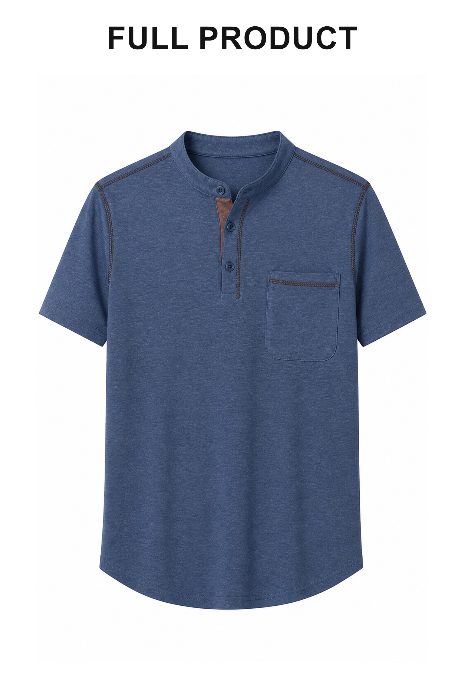 Blue Henley full product view with stand collar three-button placket and sewn patch pocket