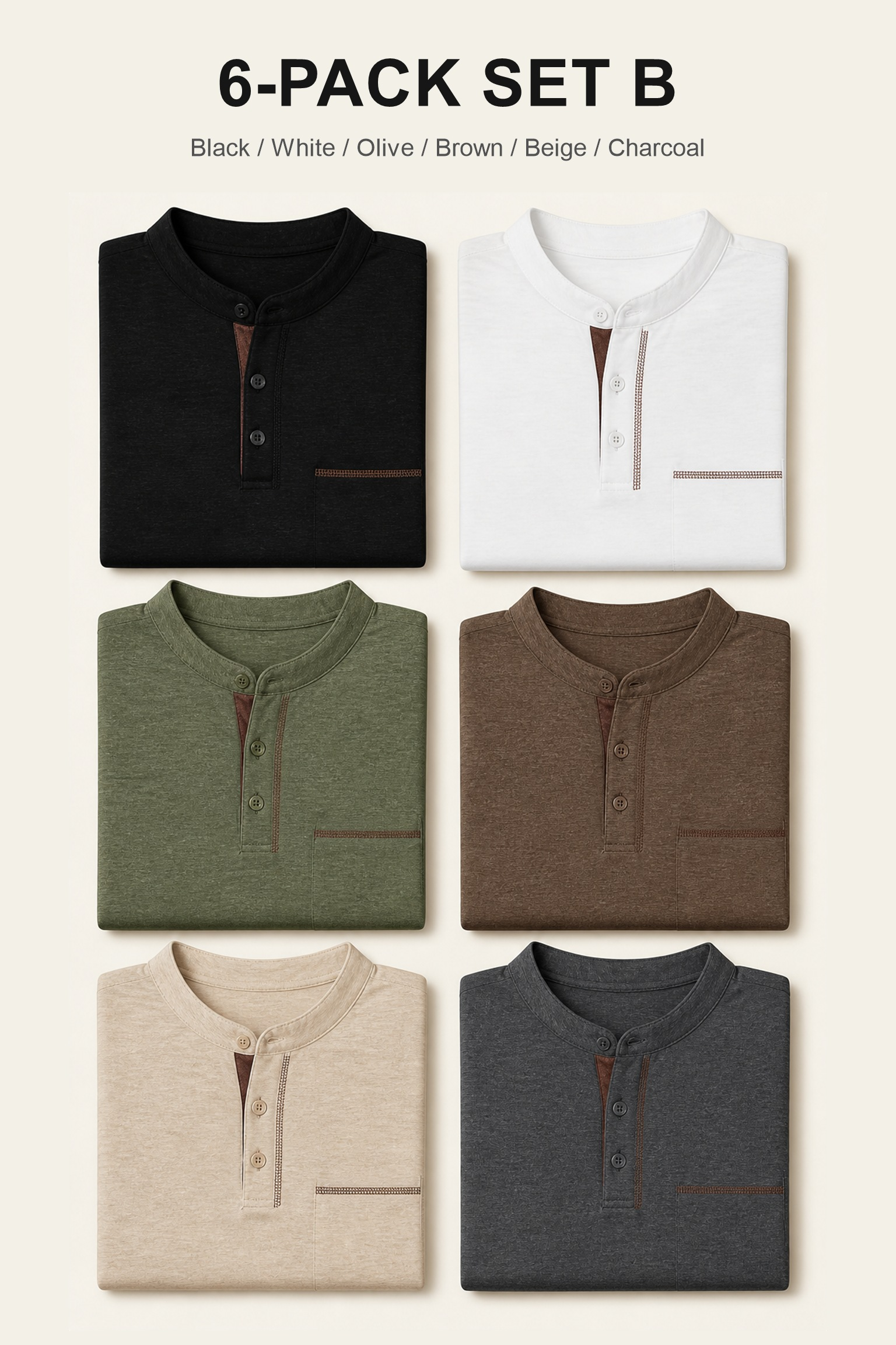 6-Pack Set B with six large Henley shirts in Black White Olive Brown Beige and Charcoal