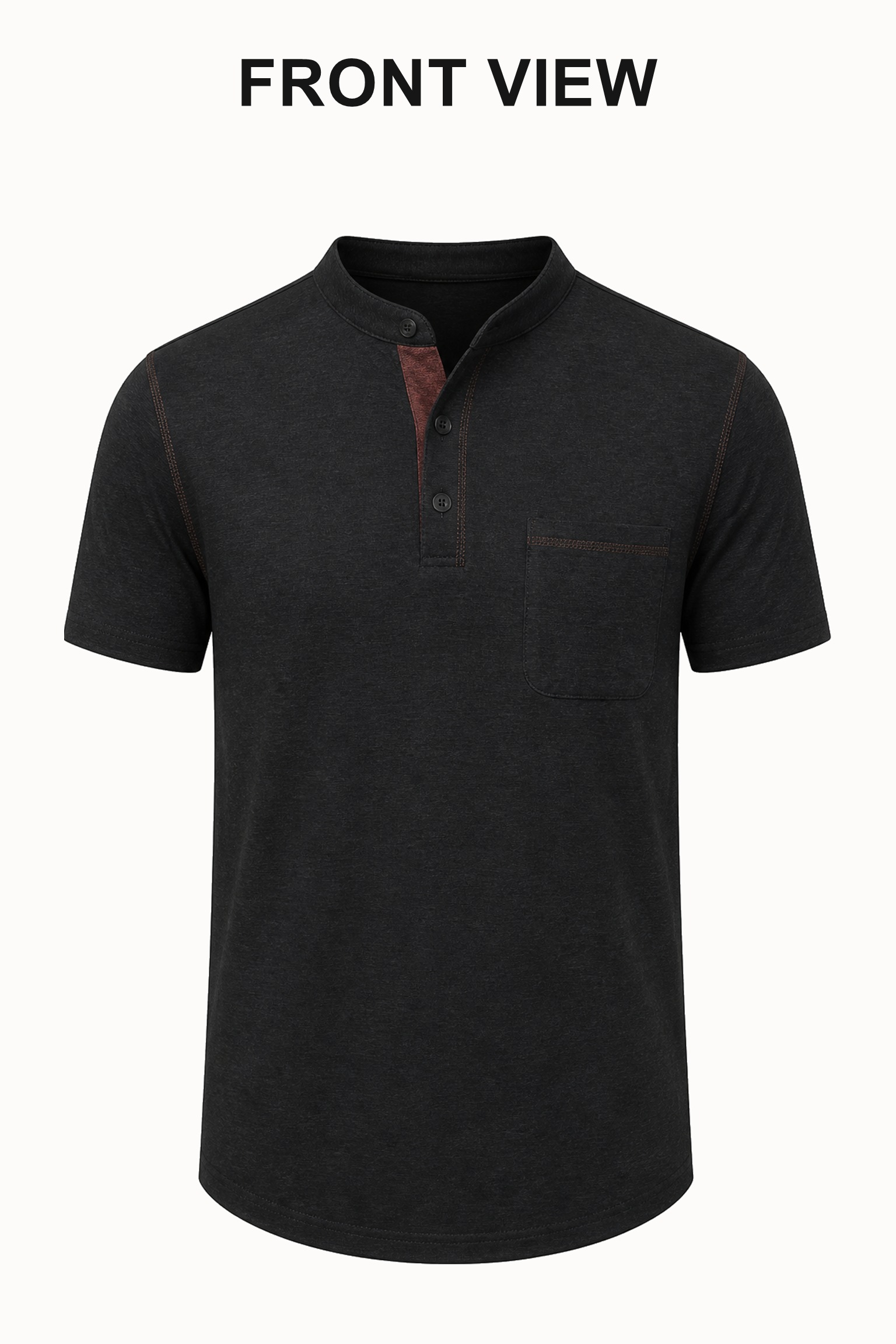 Straight-on front view of black short sleeve Henley