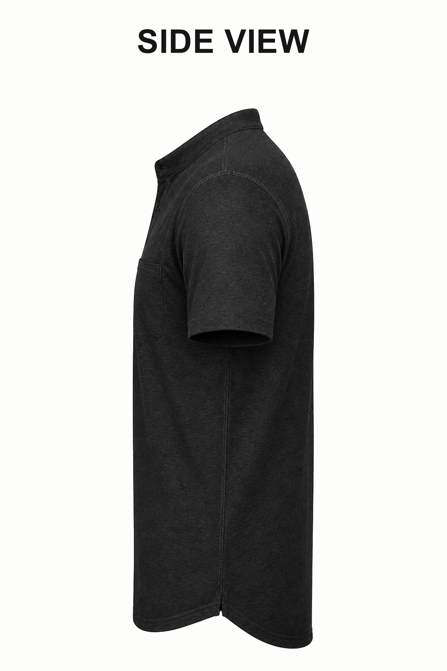 True side view of black short sleeve Henley