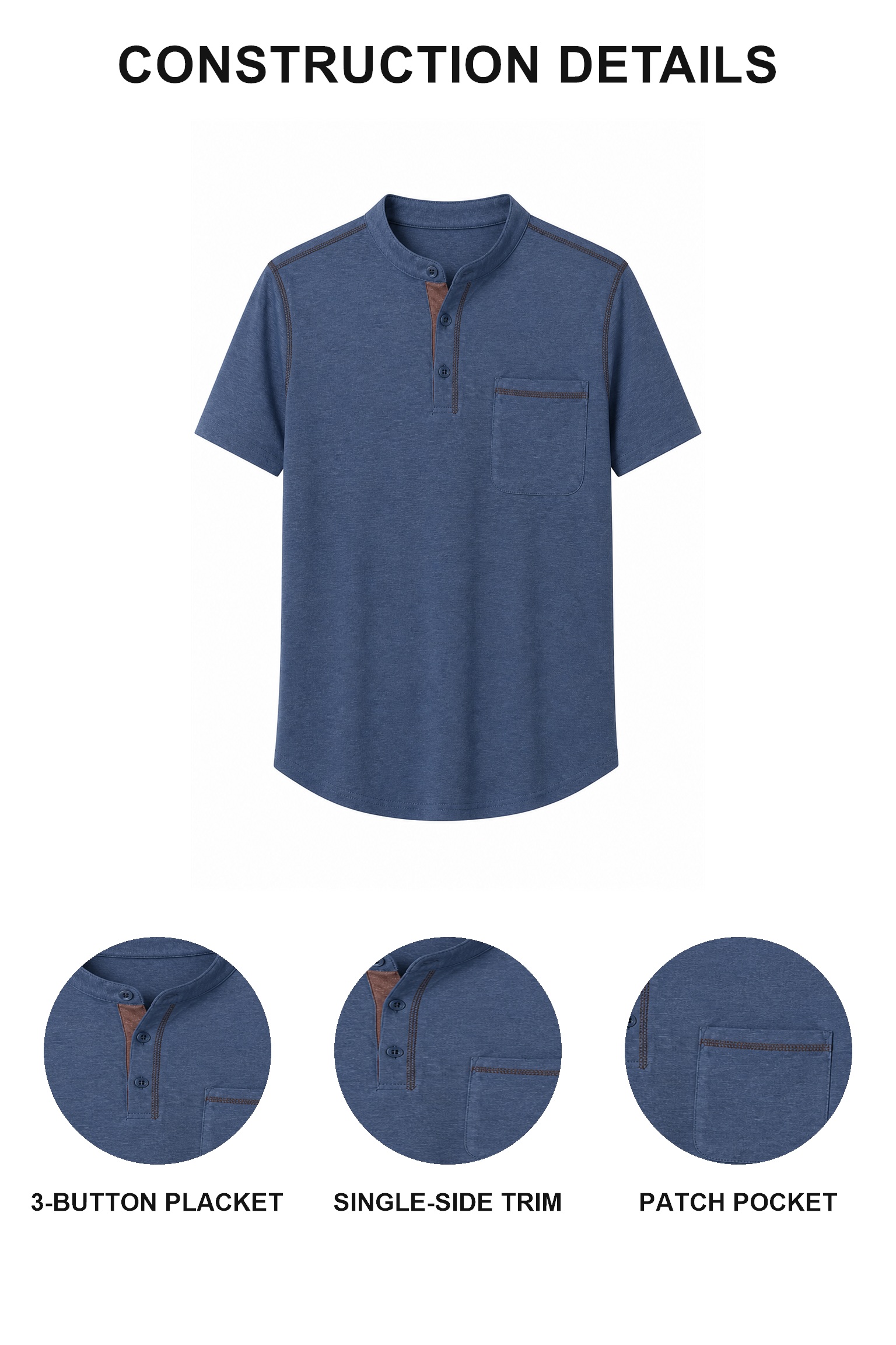 Blue Henley construction details in separate circular views for three-button placket single-side trim and sewn patch pocket