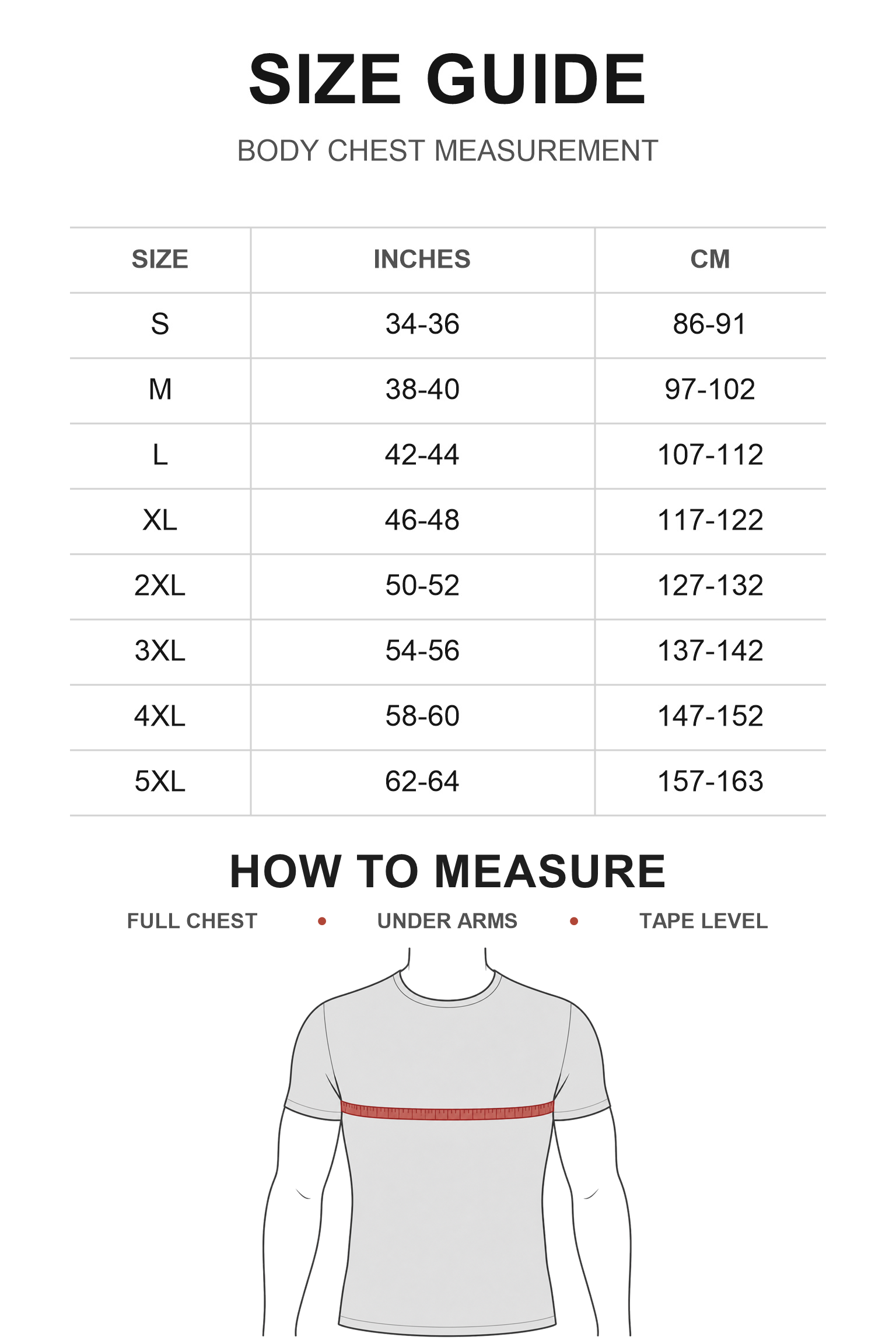 Large body chest size table from S through 5XL with measurement method shown below