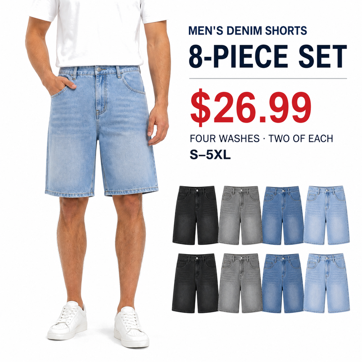Men wearing light denim knee-length shorts with enlarged eight-piece set offer