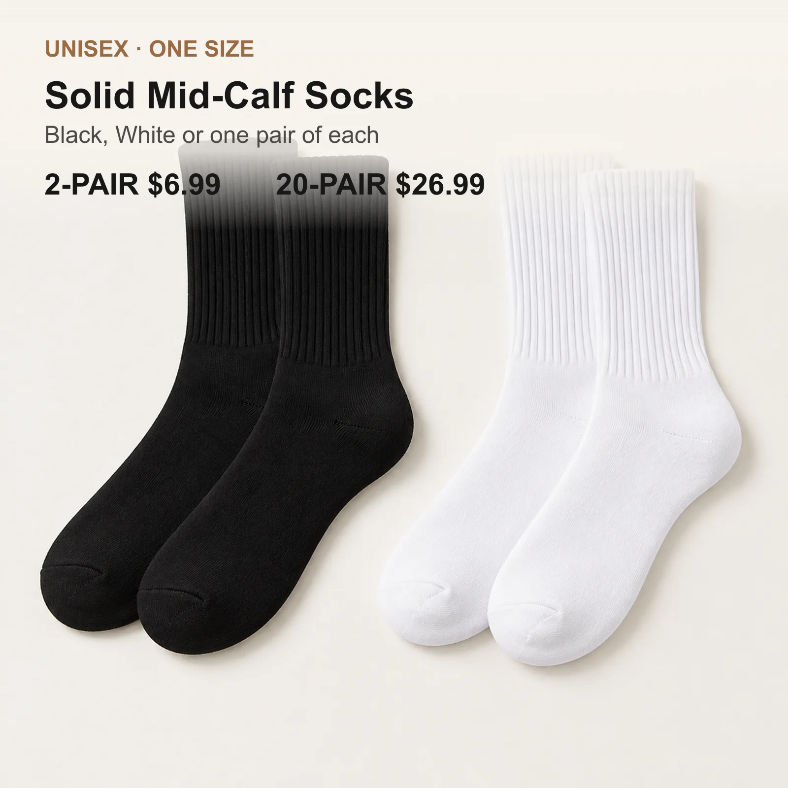 Black and White solid mid-calf socks with 2-pair and 20-pair prices