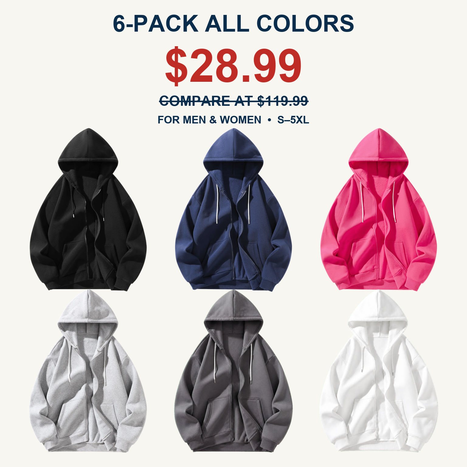 Six-piece full-zip hoodie set for men and women with $28.99 offer price and S through 5XL size range