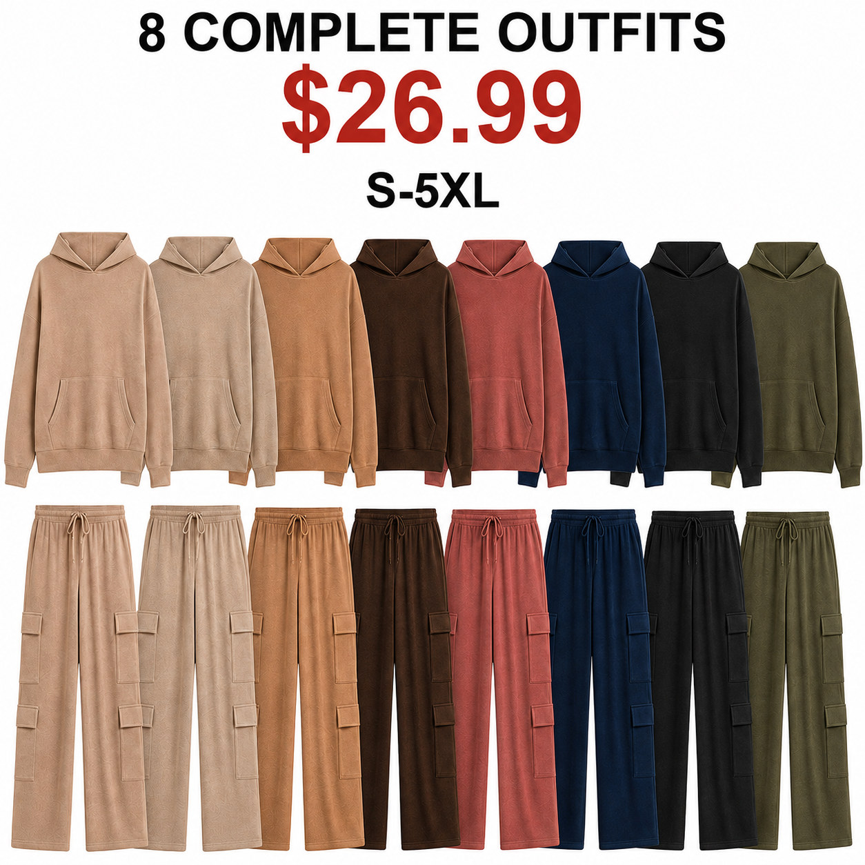 8-Pack Assorted Set with eight larger staggered hoodies above eight matching four-pocket cargo pants, $26.99, sizes S through 5XL