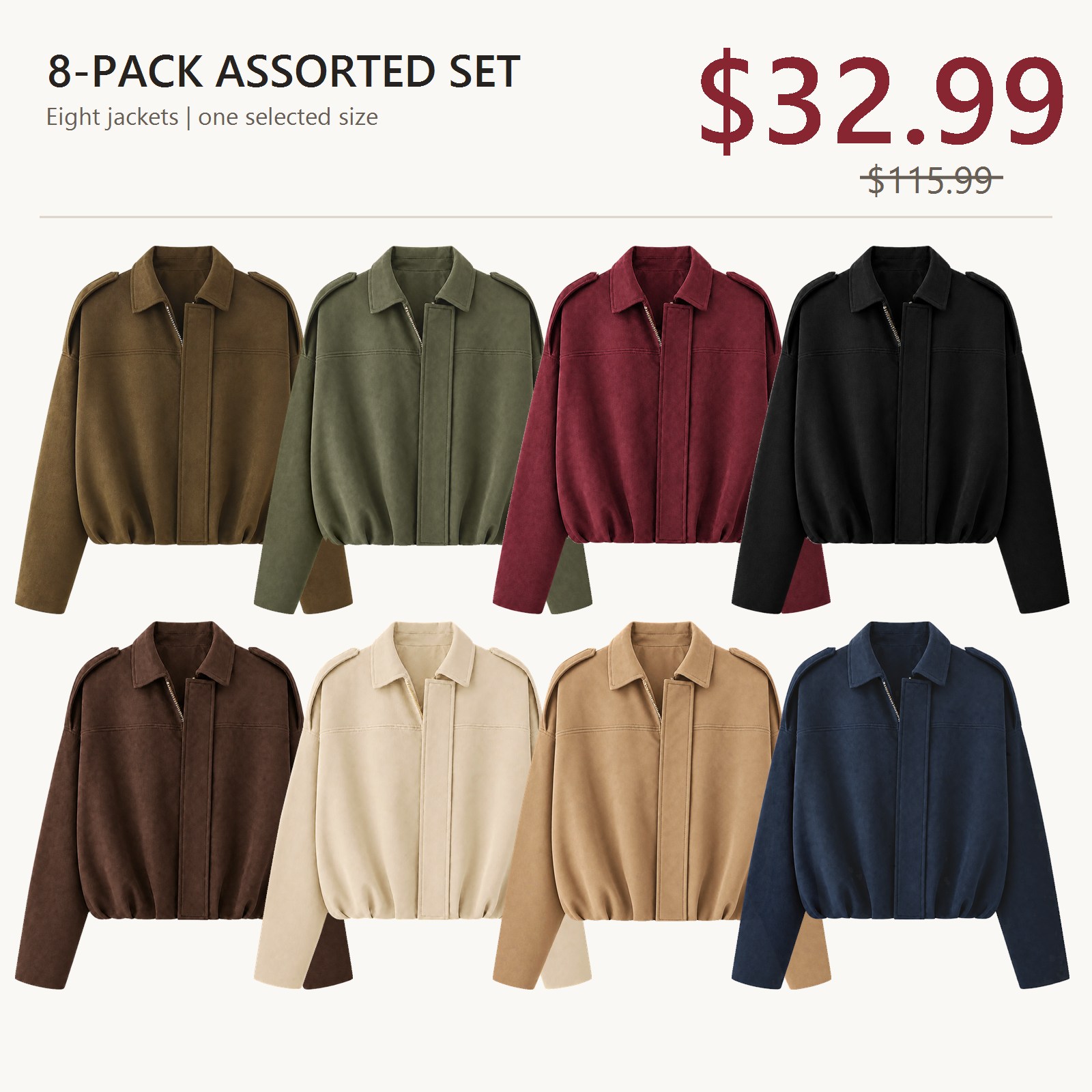 Eight assorted women’s oversized collared zip jackets for $32.99 in sizes S through 5XL