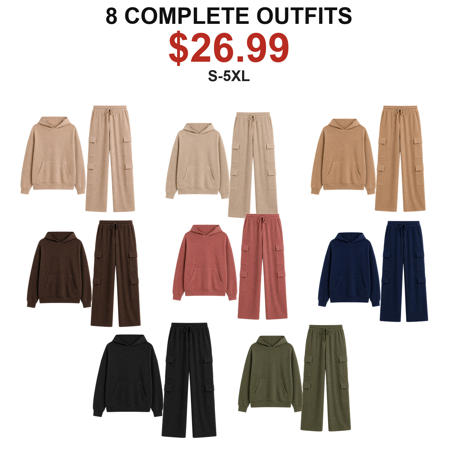 8-Pack assorted women's knitted hoodie and matching four-pocket cargo pants outfits in eight colors, $26.99, sizes S through 5XL