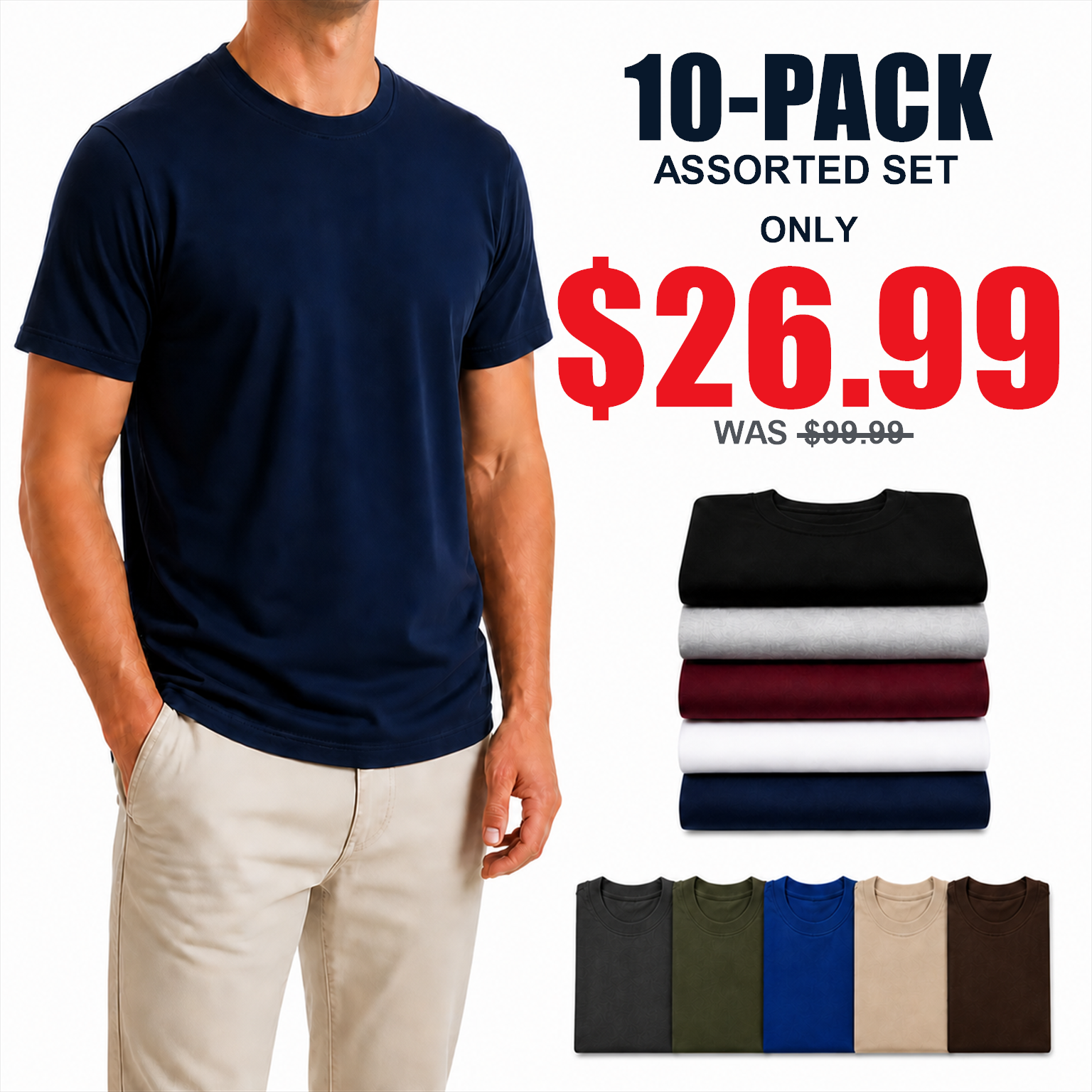 10-Pack Assorted Set men's smooth crew-neck T-shirts, only $26.99