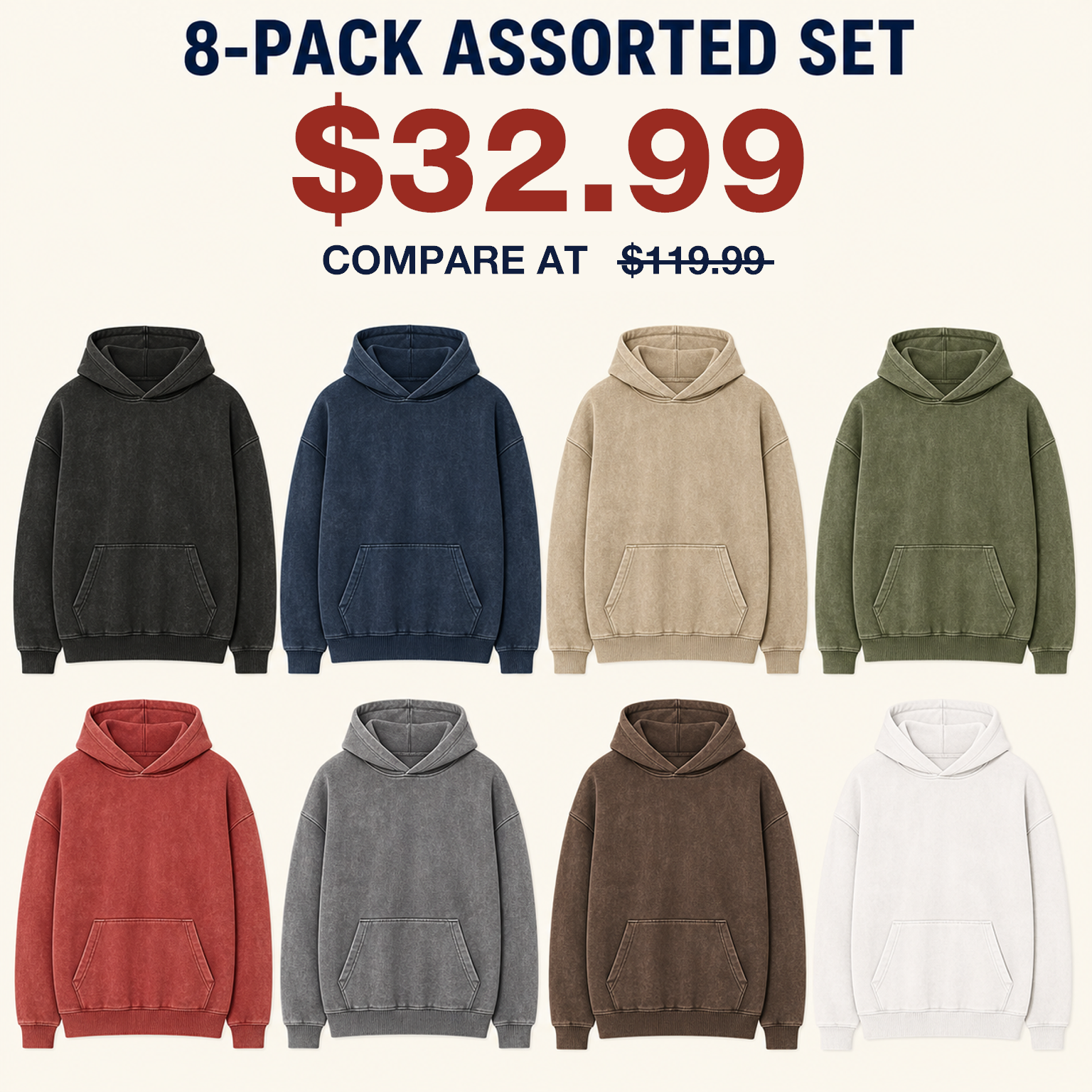 8-pack assorted vintage wash pullover hoodies with price 32.99 and compare-at price 119.99
