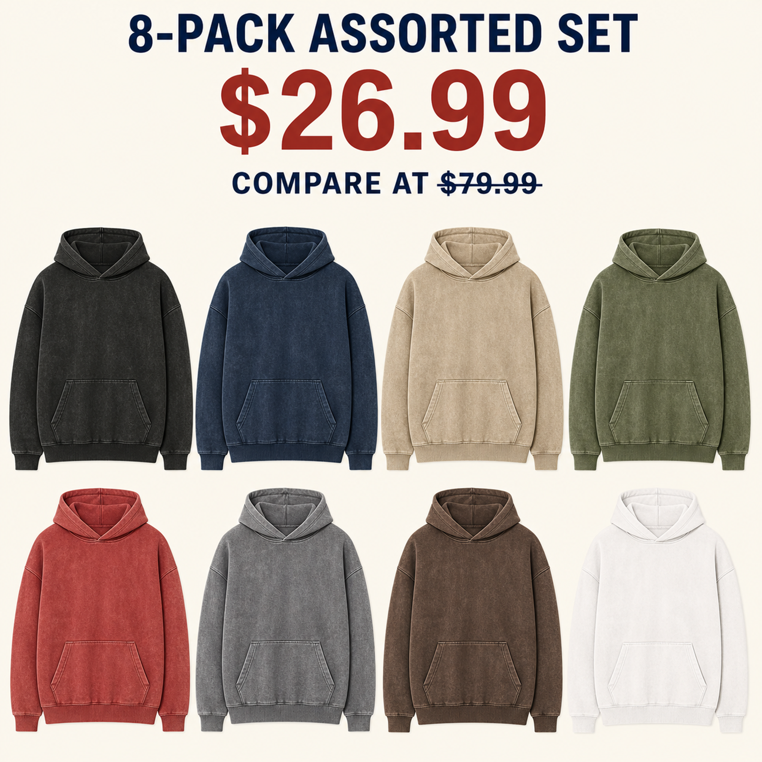8-pack assorted vintage wash pullover hoodies with price 26.99 and compare-at price 79.99