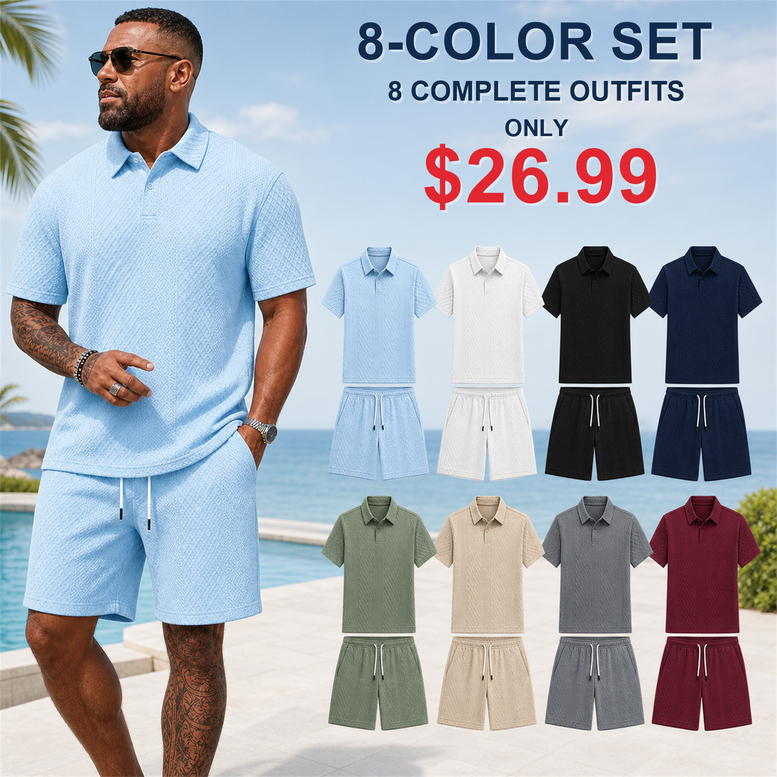 Men's raised geometric textured polo and shorts 8-color set with oversized price and set copy