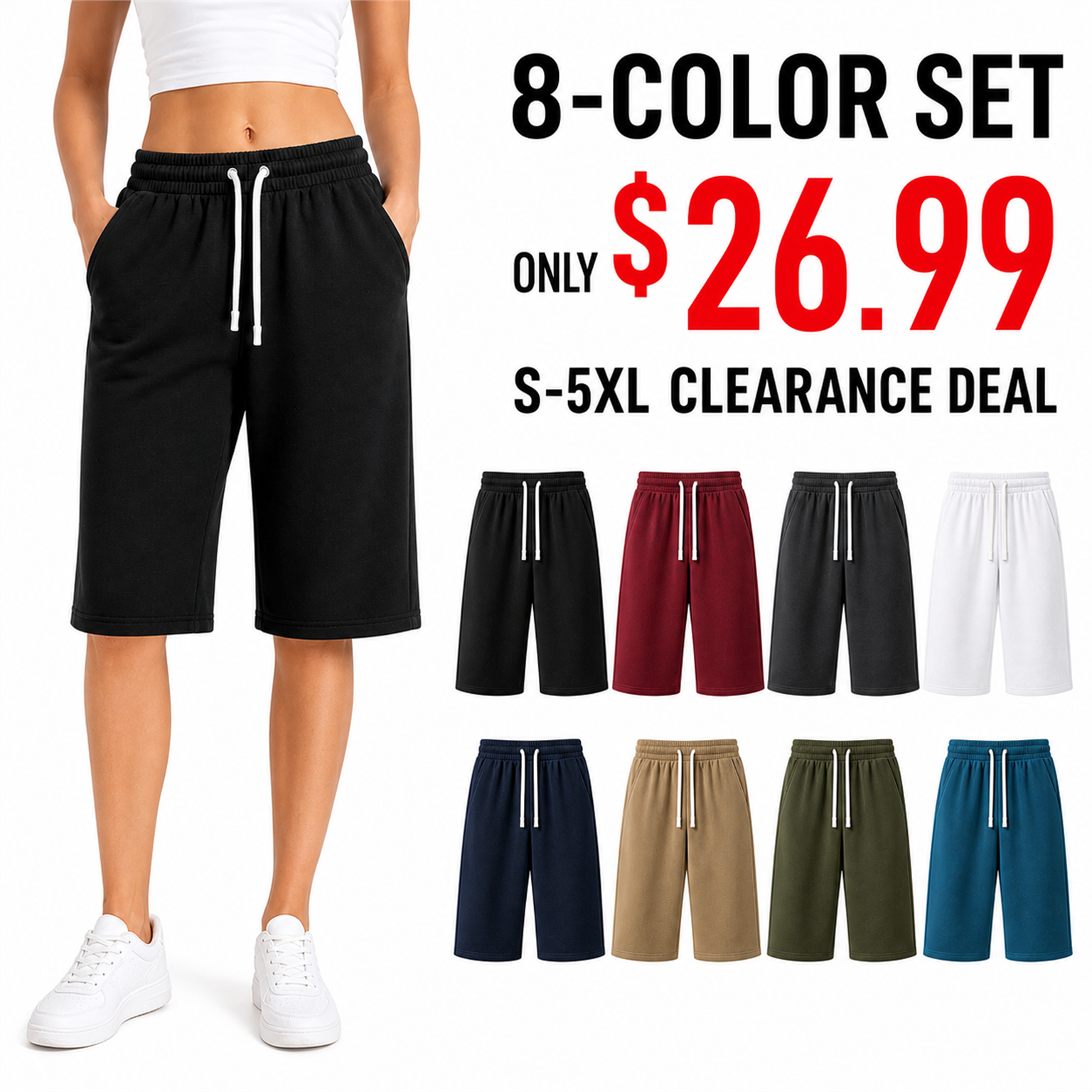 Unisex French-terry wide-leg knee-length shorts, 8-color set, only $26.99
