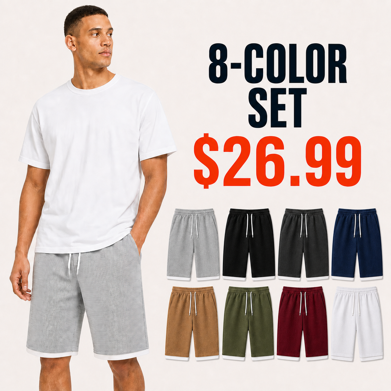 Mens waffle shorts eight color set with visible white inner lining