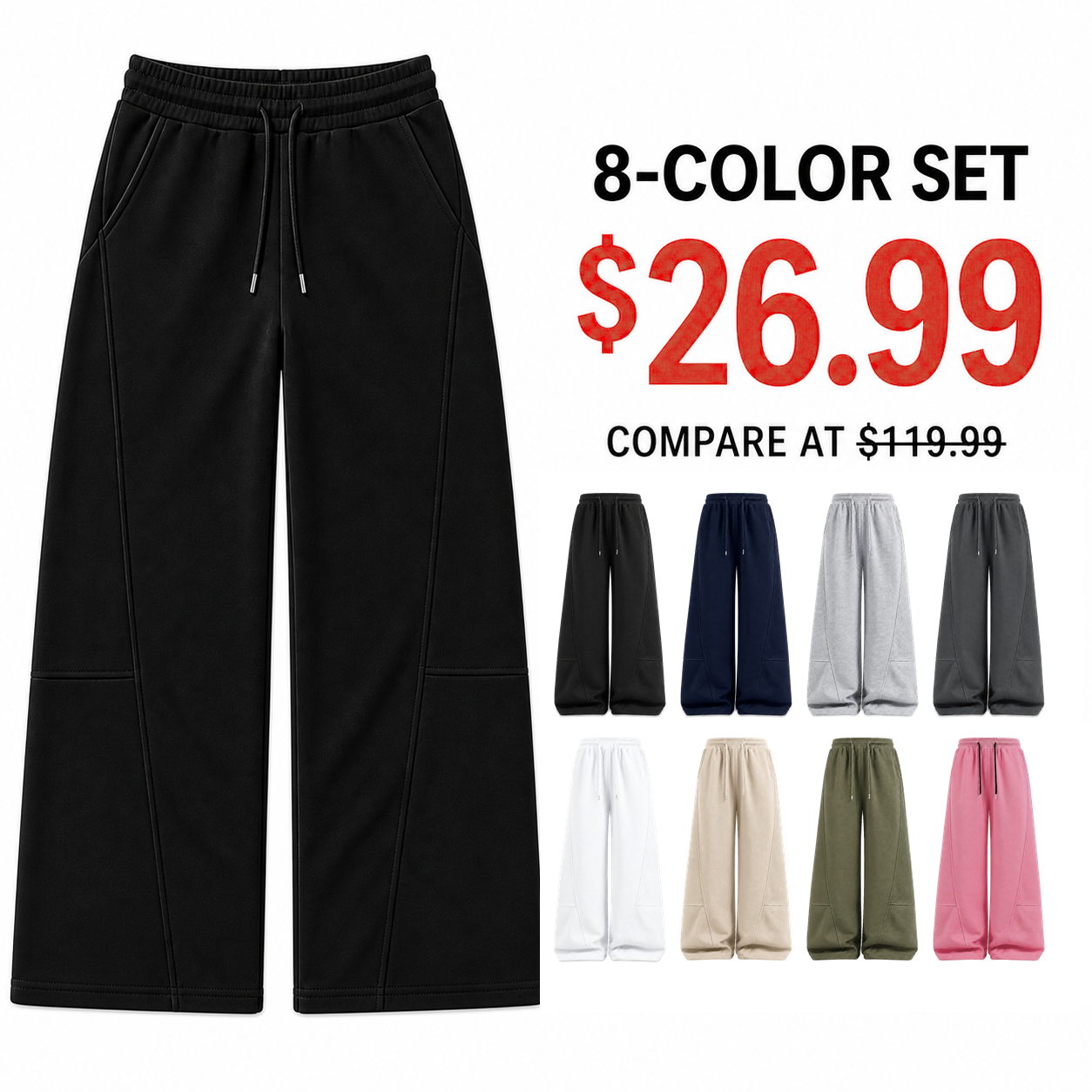 Eight-color unisex warm drawstring wide-leg sweatpants offer with sizes S through 5XL