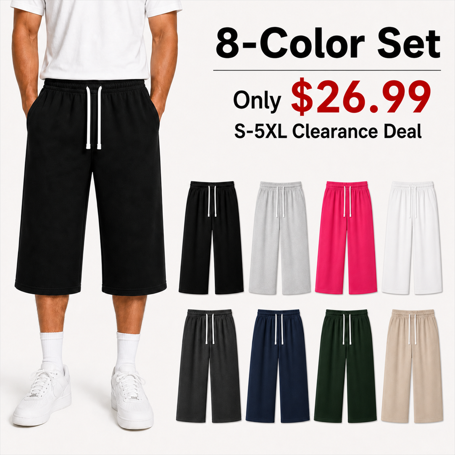 8-Color Set men's seven-tenths-length French-terry cropped pants with enlarged $26.99 price and lowered eight-color thumbnails