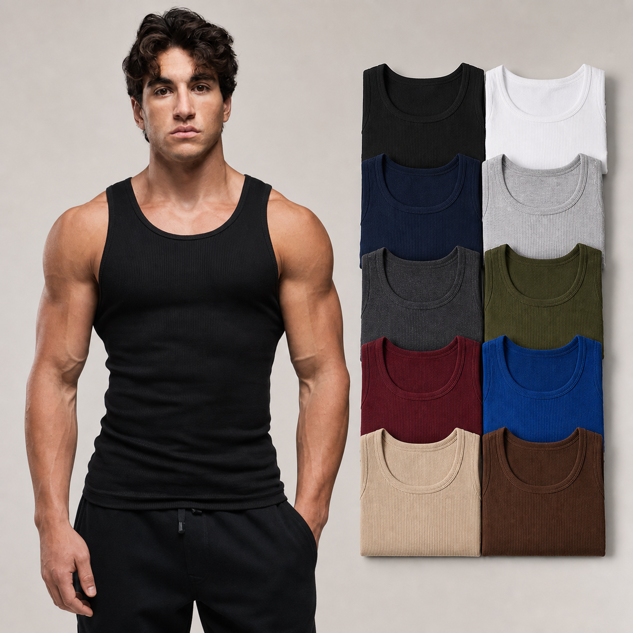 Men's ribbed cotton stretch tank tops 10-pack assorted colors