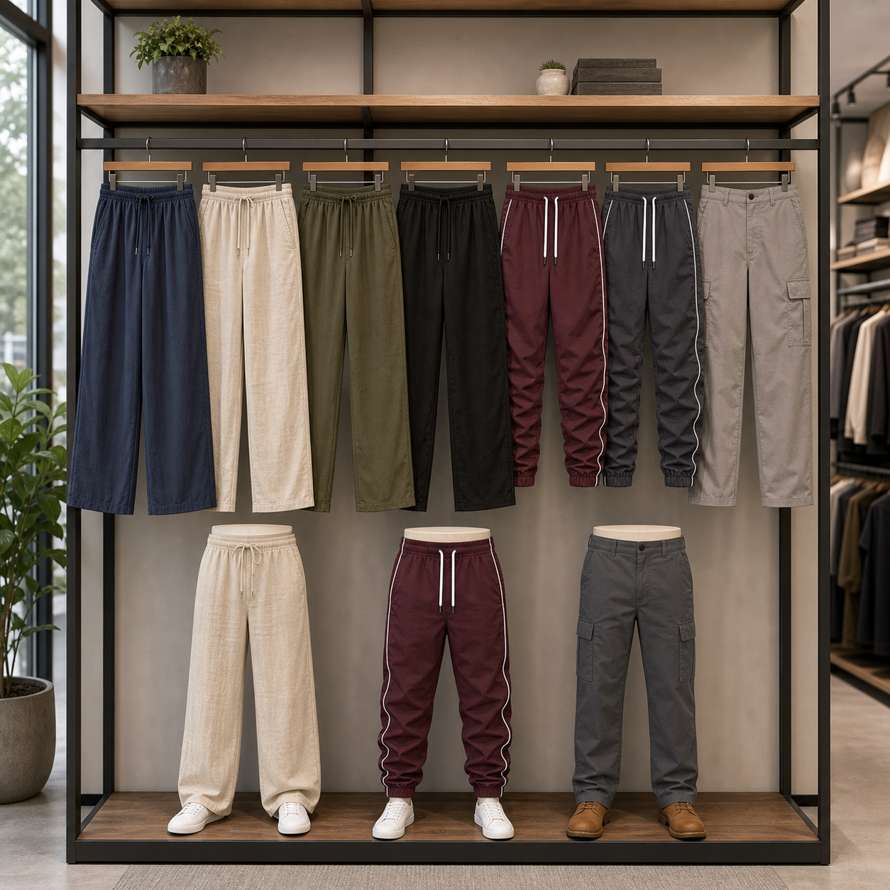 Men's pants displayed on a modern clothing store shelf