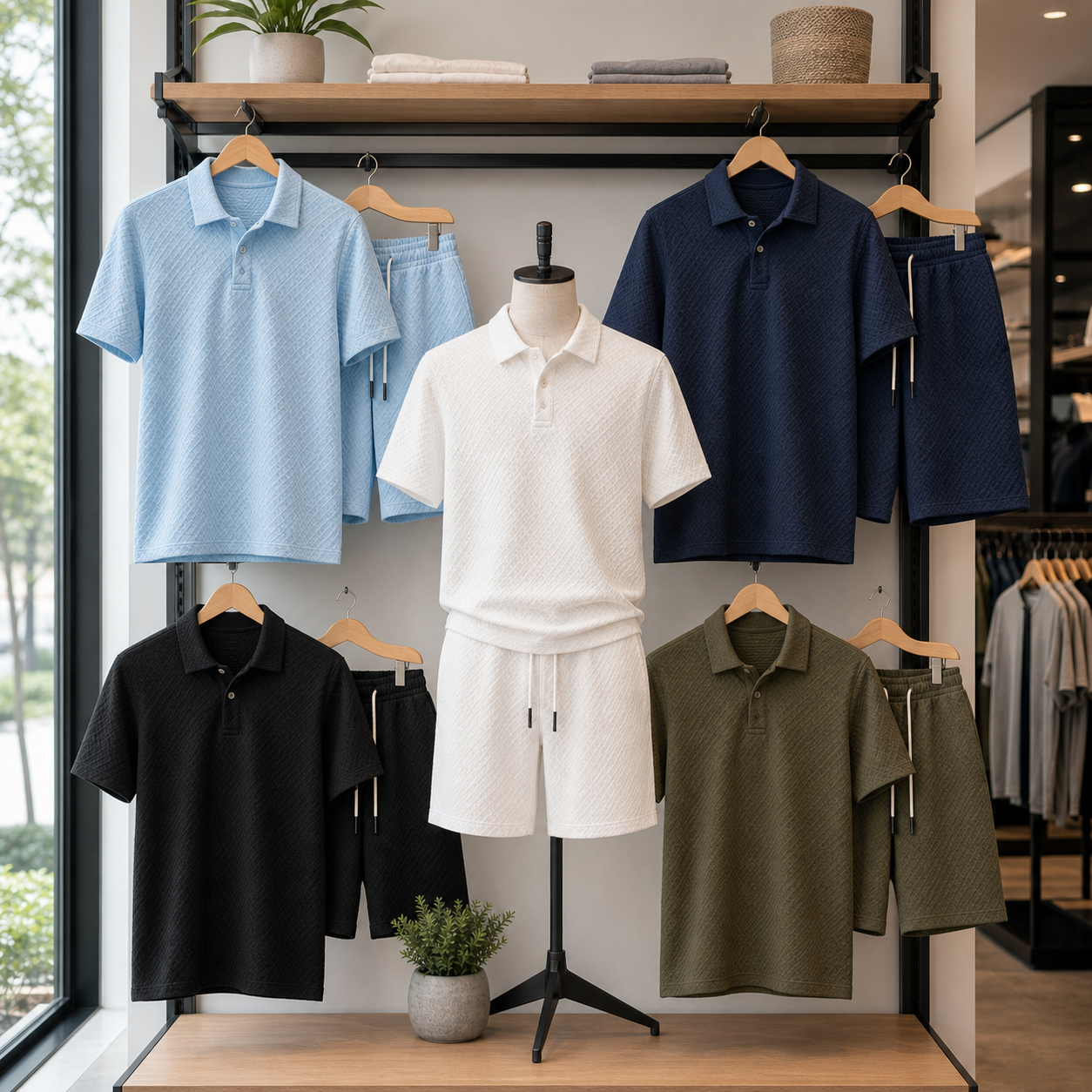 Men's matching sets displayed on a modern clothing store shelf