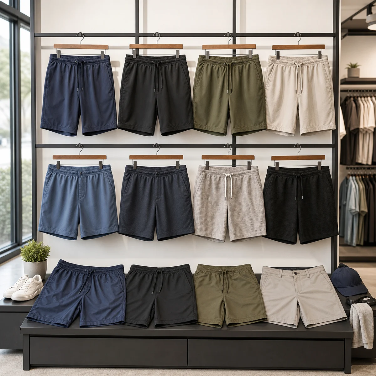 Men's shorts displayed in a modern clothing store