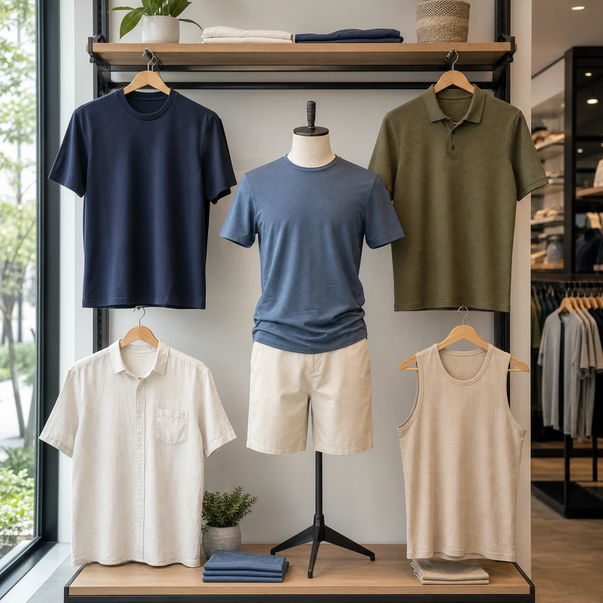 Men's tops displayed in a modern clothing store