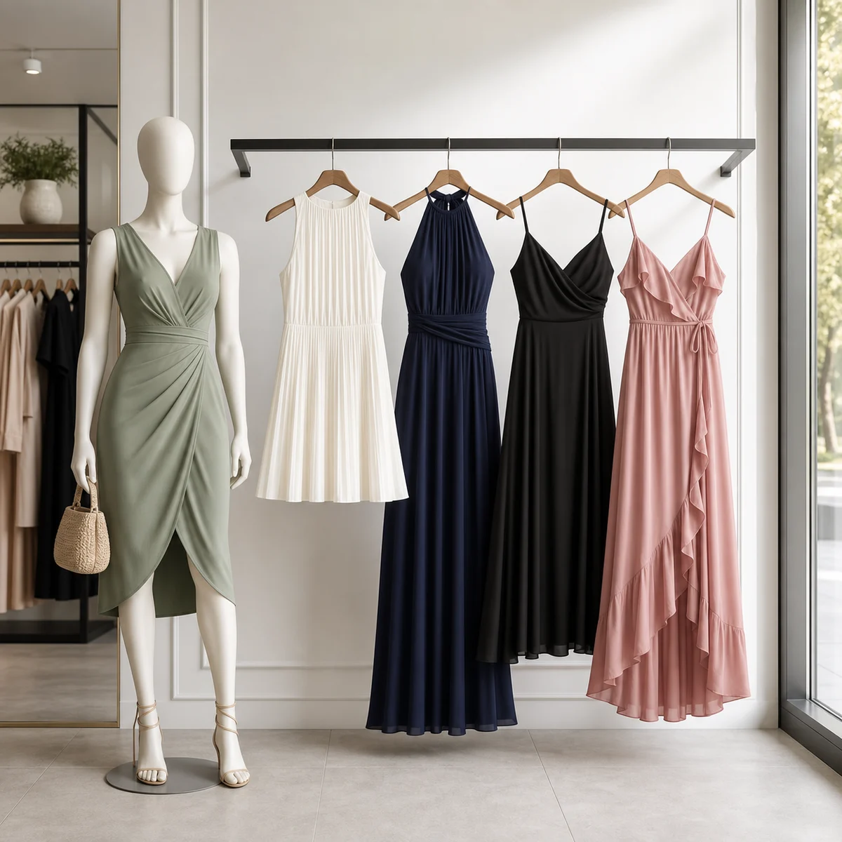 Women's dresses displayed in a modern clothing store