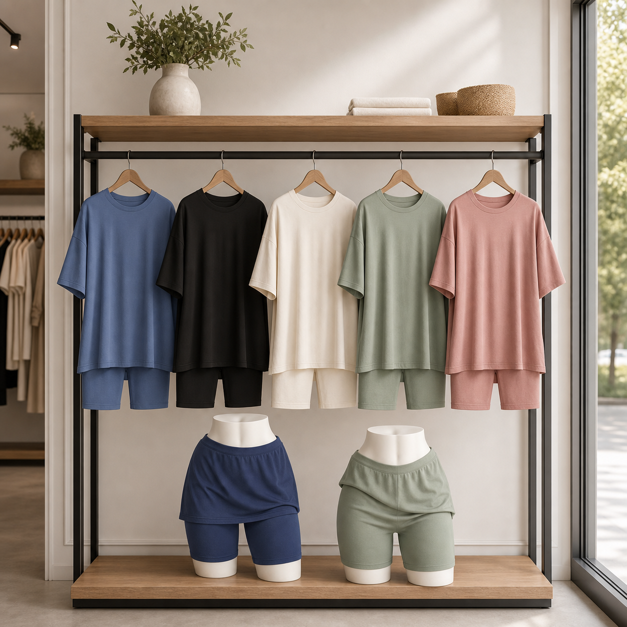 Women's matching sets displayed on a modern clothing store shelf