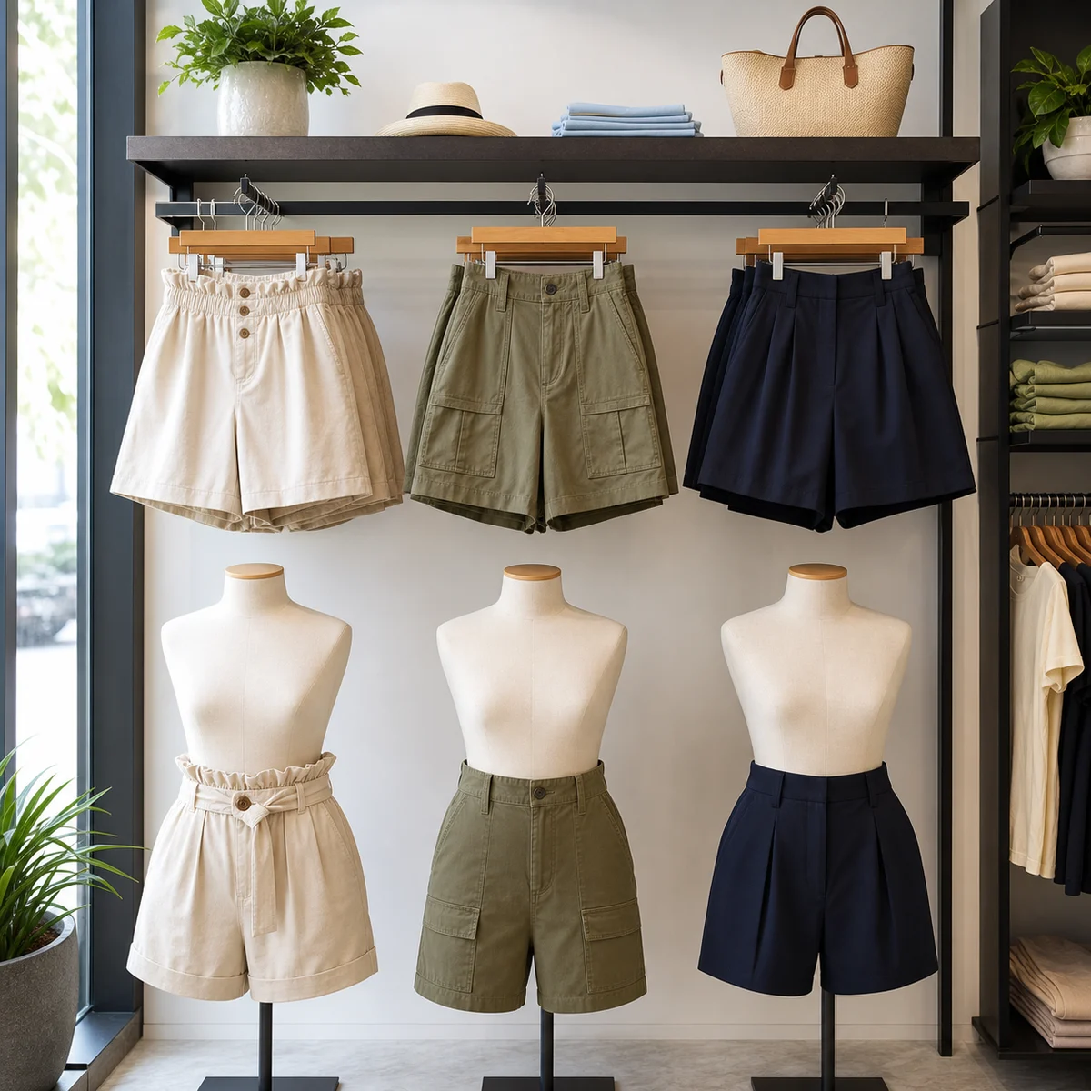 Women's shorts displayed in a modern clothing store
