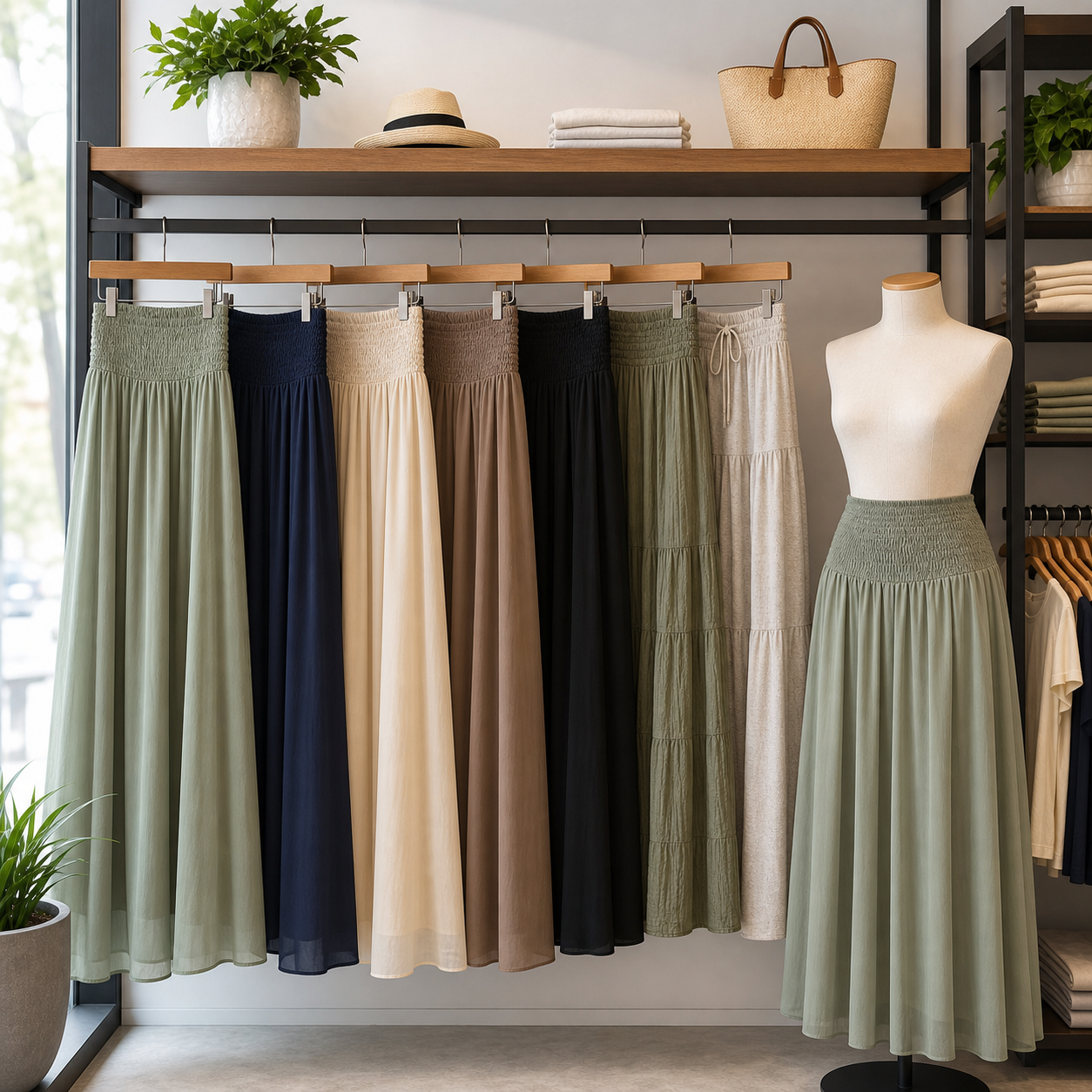 Women's skirts displayed on a modern clothing store shelf