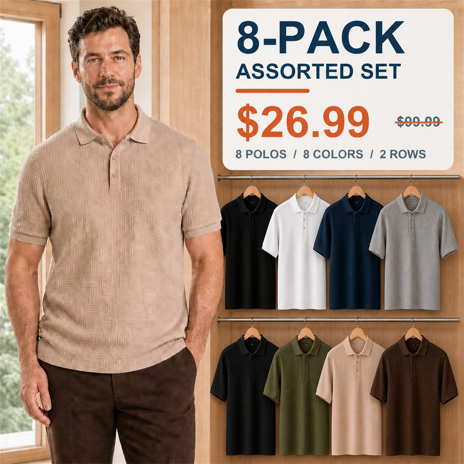 Men's Beige textured polo with an 8-Pack price card and two equally scaled rows of four polos