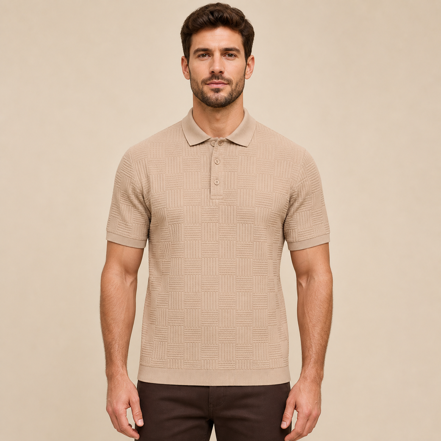 Men's Beige textured knit polo front fit