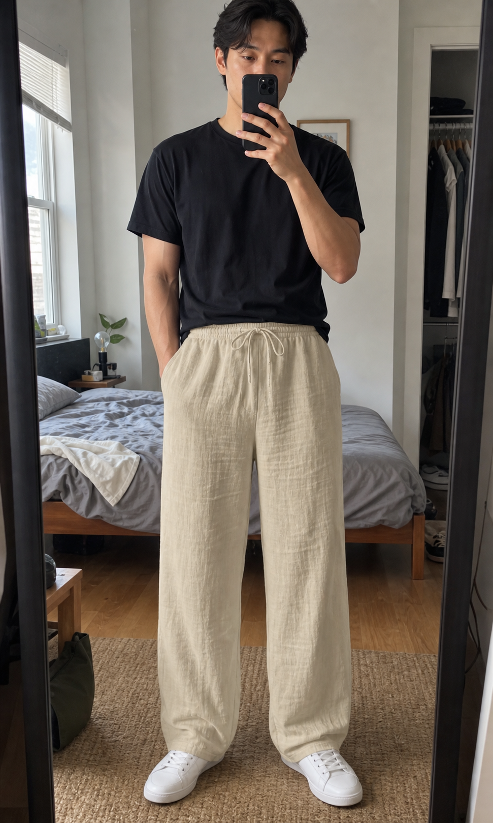Adult man taking a casual apartment mirror selfie while wearing khaki wide-leg drawstring pants