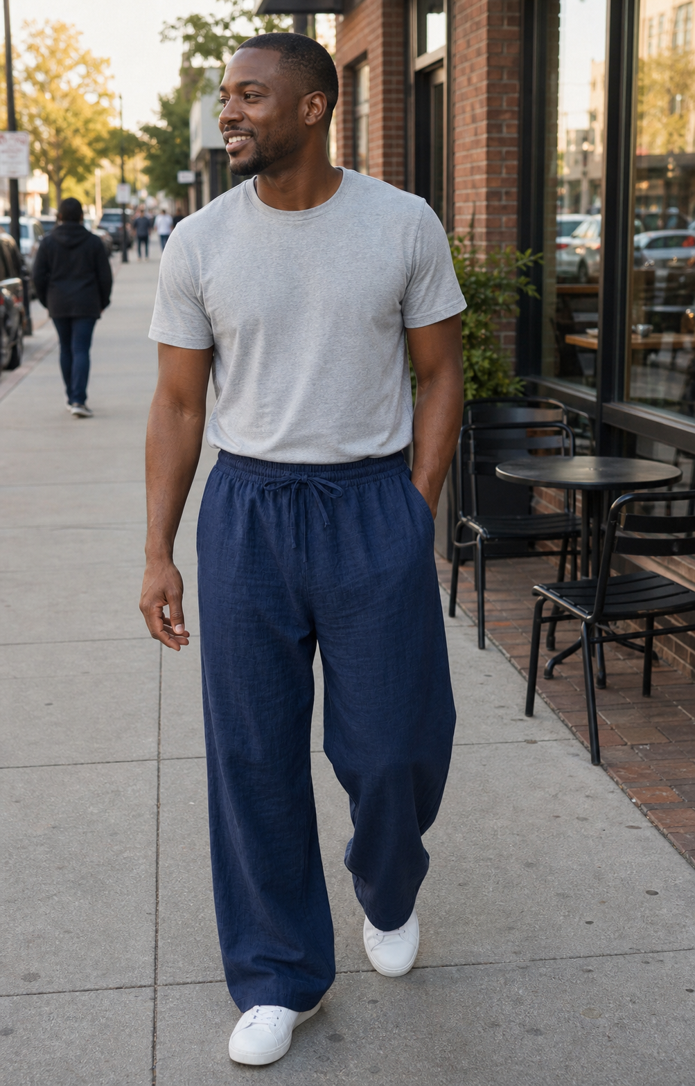 Adult man walking outdoors in navy wide-leg drawstring pants and a plain gray T-shirt
