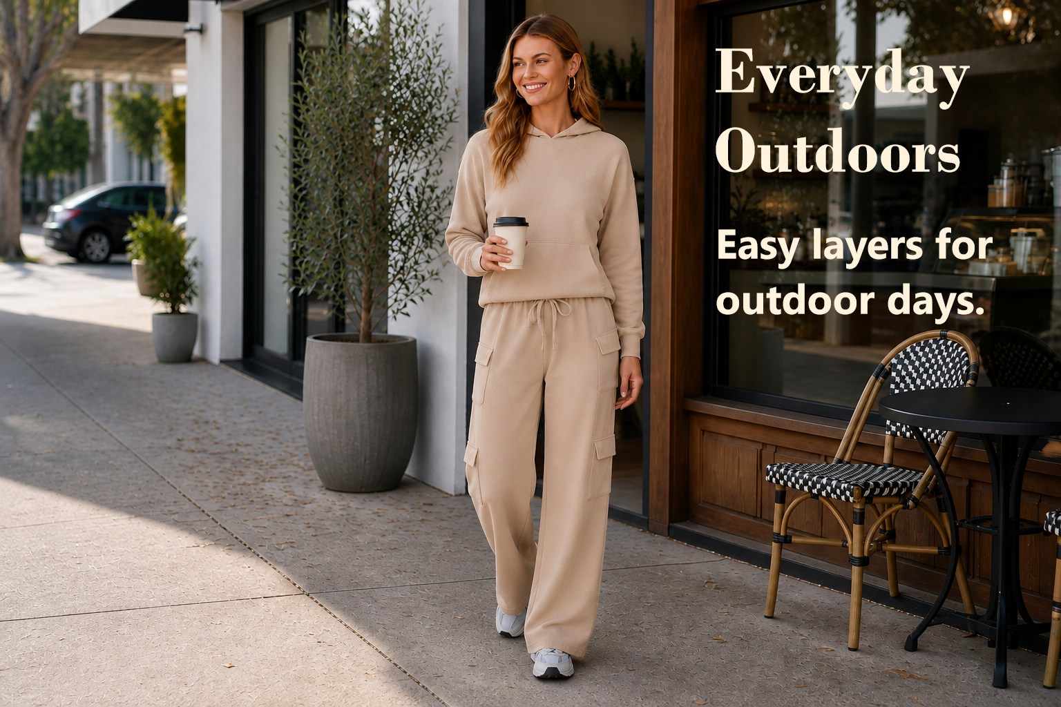 Everyday Outdoors: woman wearing the beige knitted hoodie and four-pocket cargo pants set outside on a neighborhood walkway