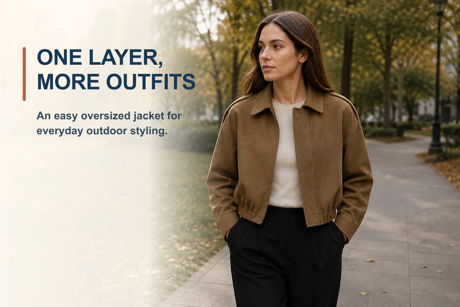 Camel oversized collared zip jacket styled outdoors with promotional copy