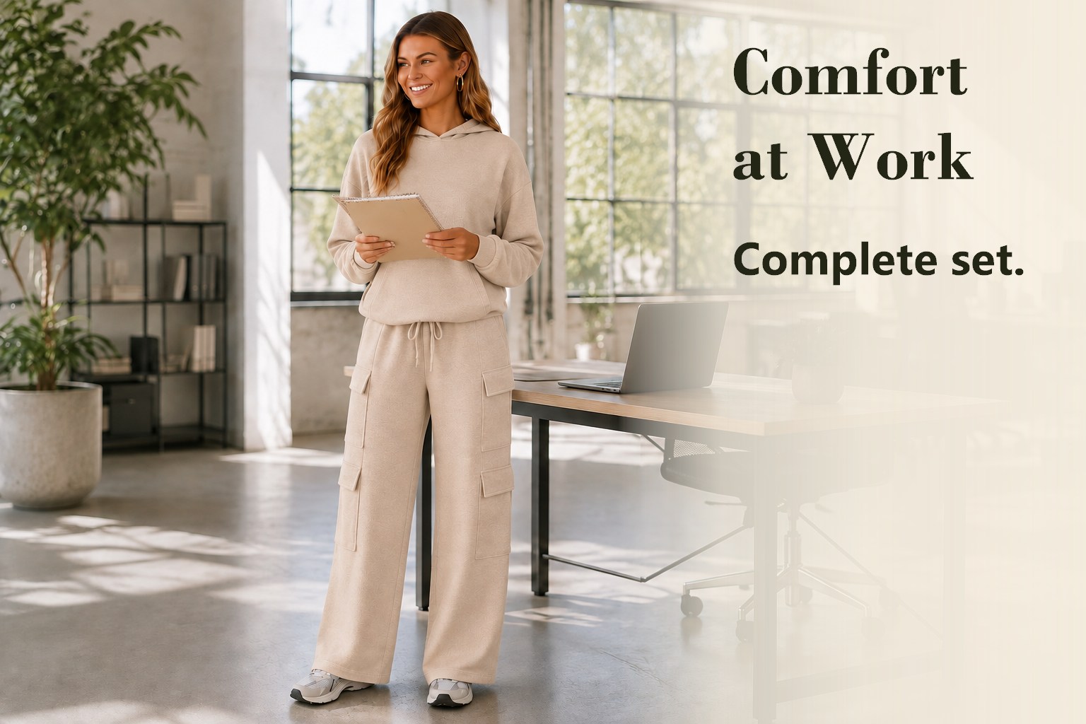 Comfort at Work: woman wearing the beige knitted hoodie and four-pocket cargo pants set in a bright coworking office
