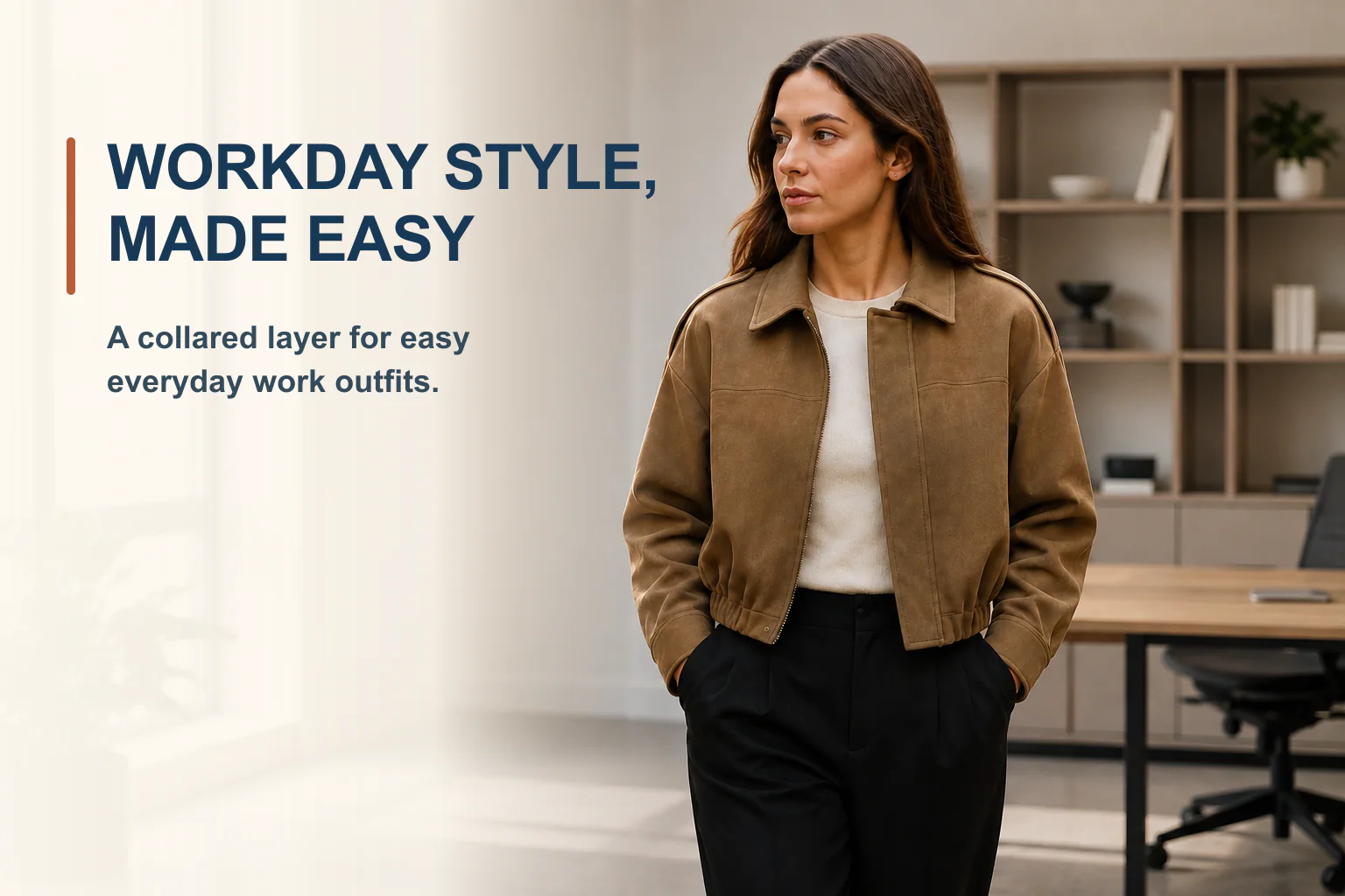 Camel oversized collared zip jacket styled for work with promotional copy
