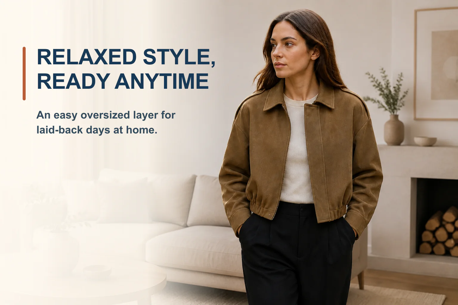 Camel oversized collared zip jacket styled at home with promotional copy