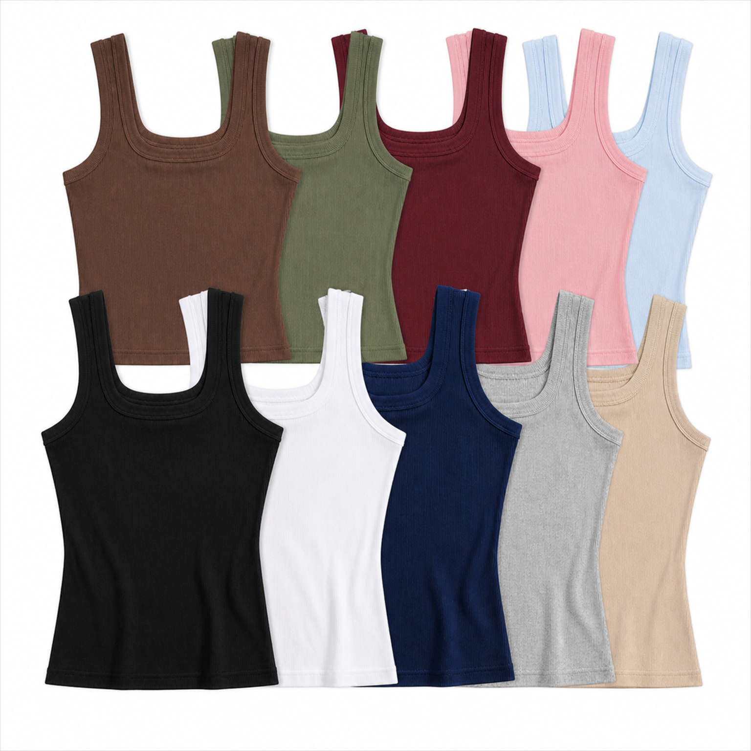 10-pack assorted square-neck tank set with one complete black tank and nine folded colors