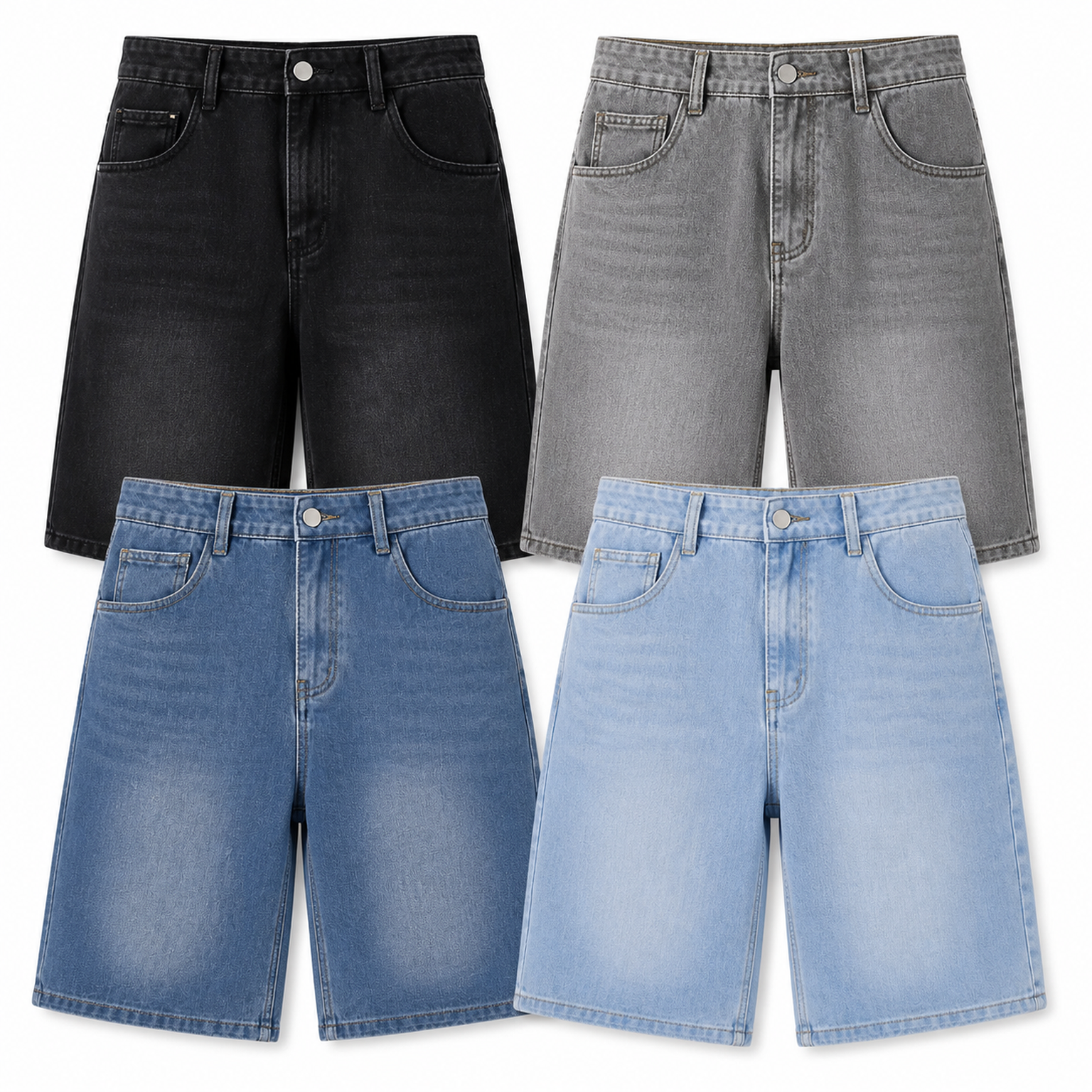 Four men's knee-length denim shorts in a tight staggered two-by-two arrangement