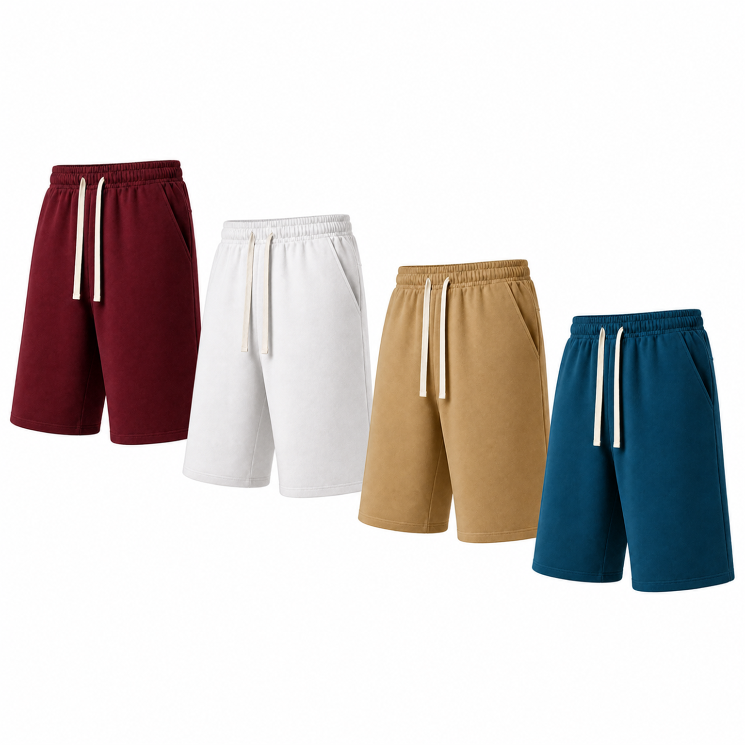 Unisex French-terry knee-length shorts 4-Pack Everyday Set in Burgundy, White, Khaki, and Teal Blue