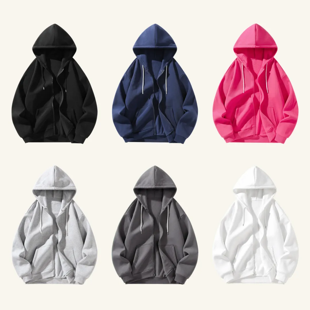 Six complete full-zip hoodie colors in a clean three-by-two set image