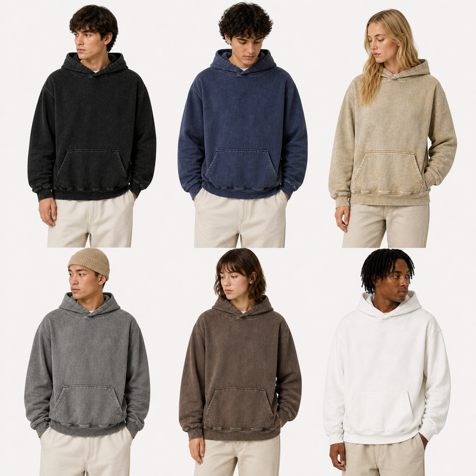 Six adult models wearing the 6-Pack Set A vintage wash pullover hoodies
