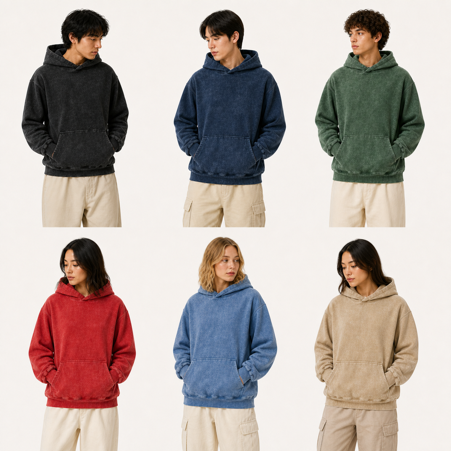 Six adult models wearing the 6-Pack Set B vintage wash pullover hoodies