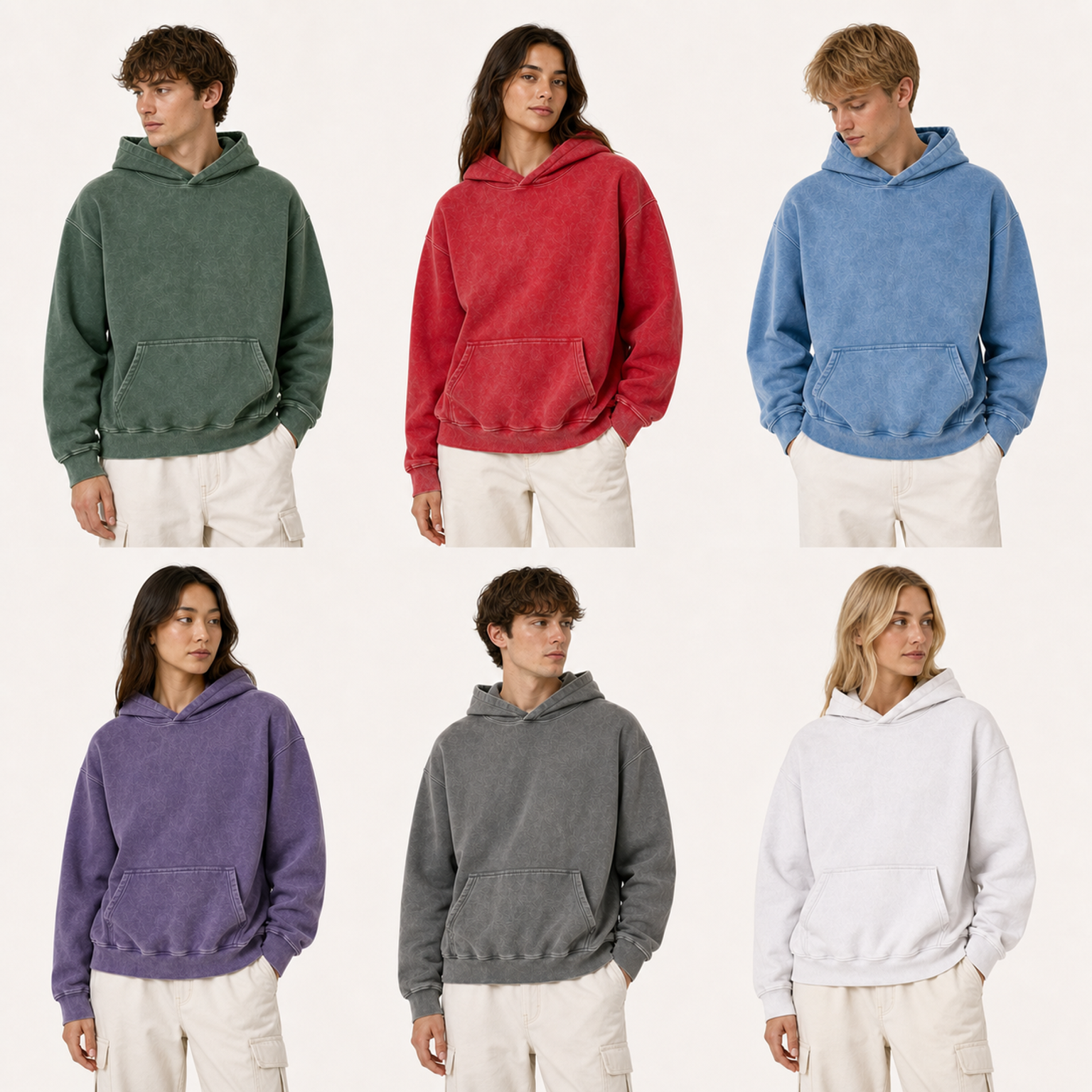Six adult models wearing the 6-Pack Set C vintage wash pullover hoodies